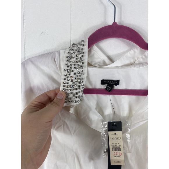 NWT Talbot's White Cotton Rhinestone Collared Long Sleeved Button Down Shirt 18 - Picture 2 of 6